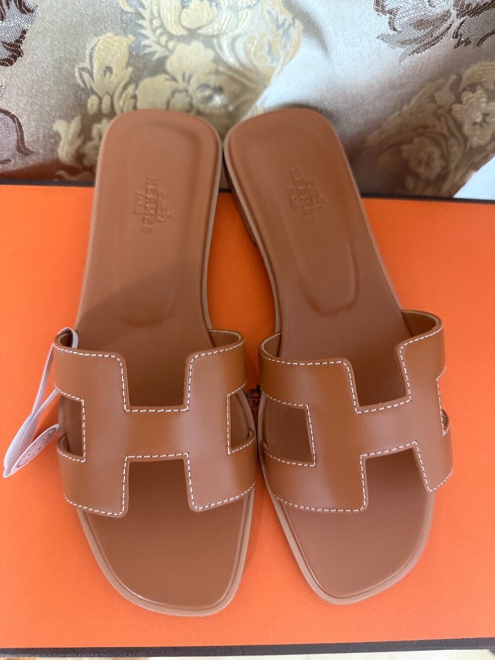 Hermes Brown Leather Oran Slide Sandals